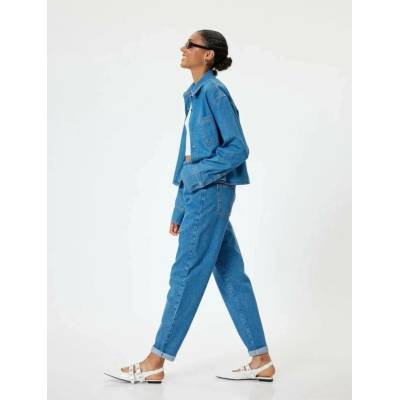 Koton Elastic Waist High Waist Buttoned Mom Jeans modrá