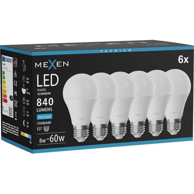 Mexen Nova 6x LED крушка E27, A60, 8W, Студена - 6500K, 840 lm - L100-E27-0865-01x06 (L100-E27-0865-01x06)