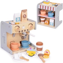 ECOTOYS Drevený kávovar pre deti 2v1 s kaviarňou a 26 doplnkami