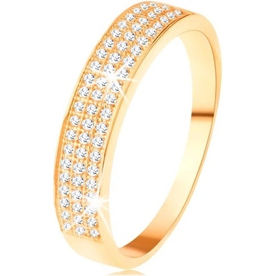 Šperky Eshop Zlatý prsten širší pás vykládaný třemi liniemi čirých zirkonků S3GG111.68