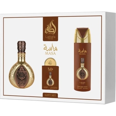 LATTAFA Pride Masa Унисекс подаръчен комплект Размер EDP 100 ml + EDP 20 ml + дезодорант спрей 200 ml + пълнител
