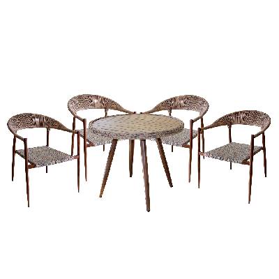 PLASTIC WOOD NATURAL-Бистро сет от кръгла маса 90xh75cm и 4 стола с текстилен 62x65xh79cm (RT-573 + RC-387) (0195334)