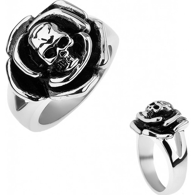 Šperky eshop Patinovaný ocelový prsten růže s lebkou uprostřed rozdvojená ramena T21.5