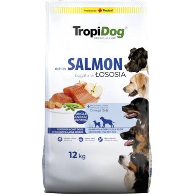 TropiDog Premium Adult Medium & Large Breeds, богат на сьомга и ориз 12кг