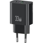 USAMS T65 AC зарядно устройство USB+Type-C гнездо 33W, PD бързо зарядно устройство, ЧЕРНО CC317TC01 (CC317TC01)