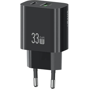 USAMS T65 AC зарядно устройство USB+Type-C гнездо 33W, PD бързо зарядно устройство, ЧЕРНО CC317TC01 (CC317TC01)