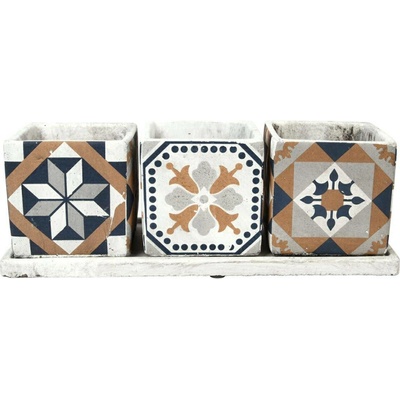 Esschert Design BETONOVÝ květináč S MISKOU AZULEJOS SADA 3KS 12,5X36X13 CM VÍCEBAREVNÁ