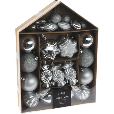 Home Styling Collection Sada ozdobných koulí v různých tvarech, 32 ks, stříbrná stříbrná