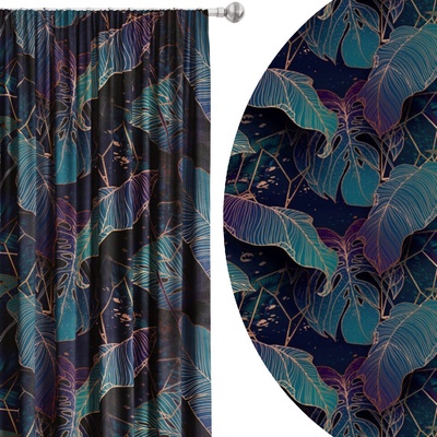 Soovi Home Zatemňovací záves Emerald Night – listový vzor v petrolejovej, fialovej a zelenej Veľkosť: 140x250 na riasiaci pás