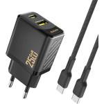 Dudao A26TCEU мрежово зарядно устройство с USB+Type-C изход, 25 W, PD бързо зареждане + кабел Type-C, ЧЕРНО GP-190588 (GP-190588)