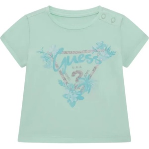 GUESS Зелена тениска със сребристо лого Guess с глитери и цветя за бебе момиче