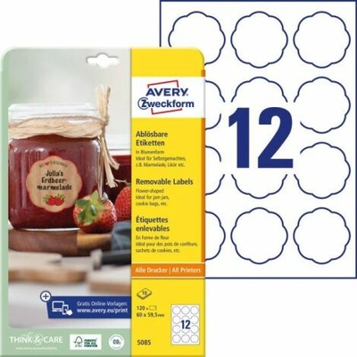 Etikety v tvare kvetu 60x59,5mm Avery 10 hárkov biele