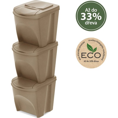PROSPERPLAST Sada 3 odpadkových košů SORTIBOX ECO WOOD naturo 3 x 25 l