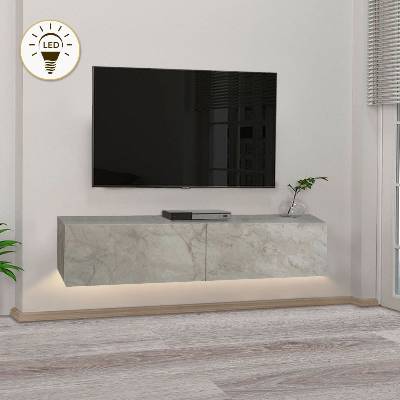 TopMebel Aristo melamine wall TV cabinet with LED lighting in white marble effect color 135x31.6x25см