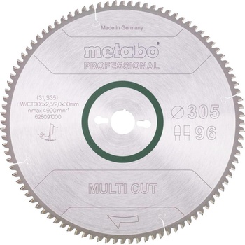 Metabo Pilový kotouč ze slinutého karbidu "multi cut" HW/CT, 305 x30 96 FZ/TR5 628091000 Průměr: 305 mm Počet zubů (na palec): 96 Tloušťka:2 mm