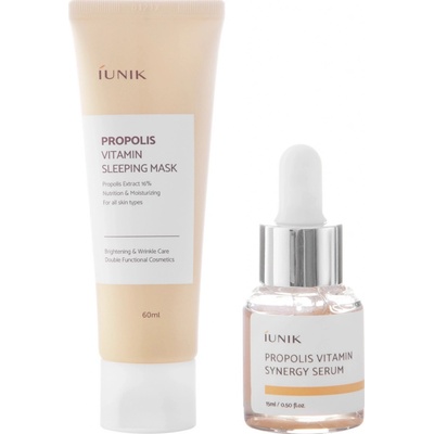 iUnik Propolis Vitamin Propolis Vitamin regeneračné a rozjasňujúce sérum mini 15 ml + Propolis Vitamin nočná maska pre obnovu pleti s multivitamínovým komplexom 60 ml darčeková sada