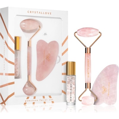 Crystallove Clear Quartz Gua Sha Plate masážní pomůcka + Roller masážní váleček na obličej + roll-on s krystaly plnitelný 10 ml