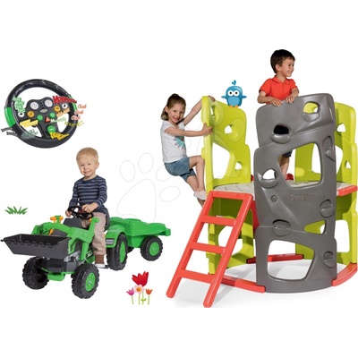 Smoby set preliezačka Multi-Activity Tower na šplhanie so šmykľavkou a traktor na šliapanie s interaktívnym volantom 840201-14