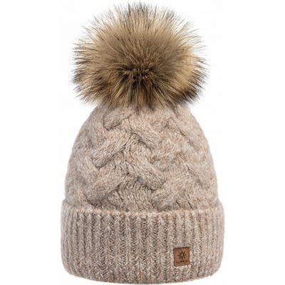 Fashionweek Moderni Vlněná zimní čepice s bambulí flísová podšívka Woolk Peggy cappuccino