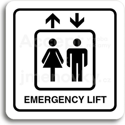 ACCEPT Piktogram emergency lift - bílá tabulka - černý tisk