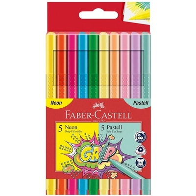 Faber-Castell Флумастери Grip, 5 цвята неон и 5 цвята пастел (1010180017)