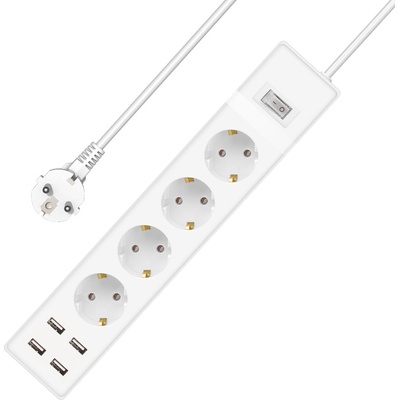 Удължител DLFI, 4 гнезда, 250V, 16A, Кабел, 3m, 4 x USB F, С ключ, Бял - 17888 (17888)
