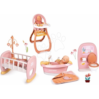 Smoby Set vanička s funkčnou sprchou a stoličkou Balneo Bath Soft Baby Nurse a kolíska s kúpeľňou a záchodom