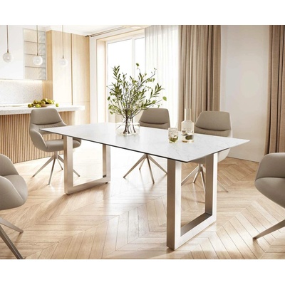 DELIFE Jídelní stůl Edge 200x100 cm keramika Laminam® Statuarettio bílá široká podnož nerezová ocel