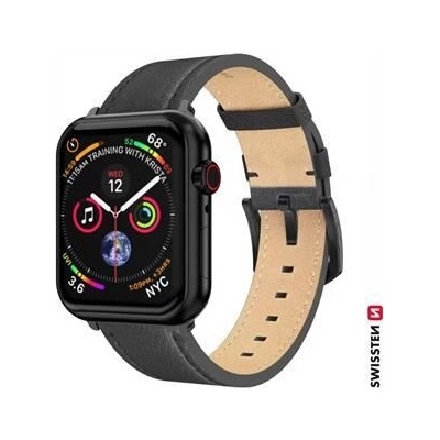 SWISSTEN LEATHER BAND FOR APPLE WATCH 42 / 44 / 45 / 49 mm BLACK (black buckle and black lug) 46000811