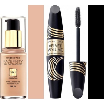 Max Factor Facefinity All Day Flawless 3v1 make-up 50 Natural 30 ml + Max Factor Velvet Volume False Lash Effect řasenka Black 13,1 ml dárková sada