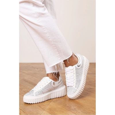 Wheres That From Маратонки Wheres That From Lace Up Trainer with Diamante pattern and chunky sole - White