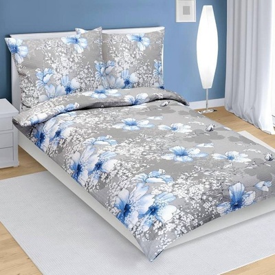 Bellatex krep obliečky 80/528 modrý ibišek na šedé 140x200 70x90