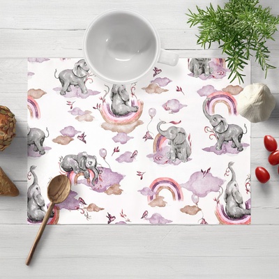 Biante Dětské bavlněné prostírání Sandra SA-464 Sloni s fialovou duhou na bílém 30x40cm