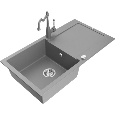 Mexen Leo единична кухненска мивка от гранит с отцедник и кухненски смесител Carla, сив - 6501-71-670700-71 (6501-71-670700-71)