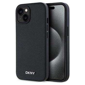 DKNY PU Leather Silver Metal Logo Magsafe Case for iPhone 15 Black (3666339263751)