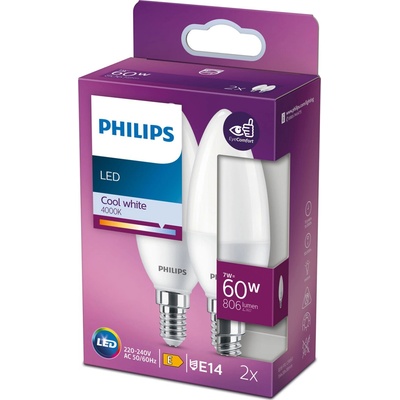 Philips 2x LED svíčková žárovka E14 B38 7W = 60W 806 lm 4000K Neutrál