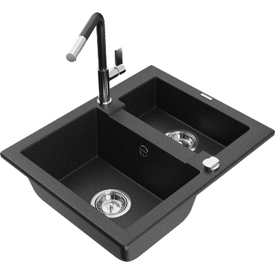 Mexen Carlos гранитна мивка 1, 5-камерна с кухненски смесител Flora, черен/сребърен металик - 6518-73-670401-07 (6518-73-670401-07)