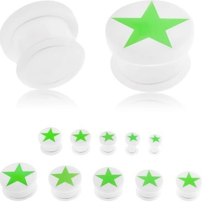 Šperky eshop plug do ucha z akrylu bílé barvy zelená pěticípá hvězda zářící ve tmě gumička S23.08