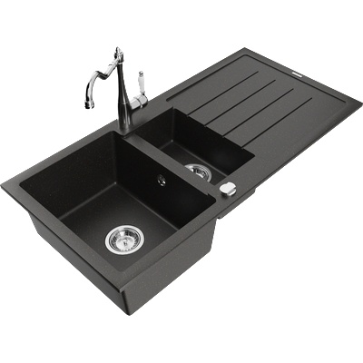 Mexen Andres гранитна мивка с 1, 5 камери с отцедник и кухненски смесител Carla, черен/златен металик - 6515-75-670700-00 (6515-75-670700-00)