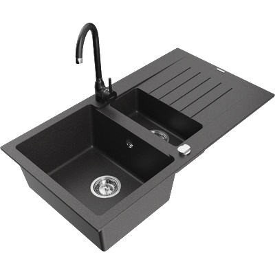 Mexen Matias гранитна мивка 1, 5-камерна с отцедник и кухненски смесител Telma, черна на петна - 6502-76-670200-70 (6502-76-670200-70)