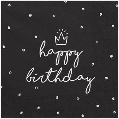 Partydeco ubrousky 3V Happy Birthday černé 33x33cm 20ks