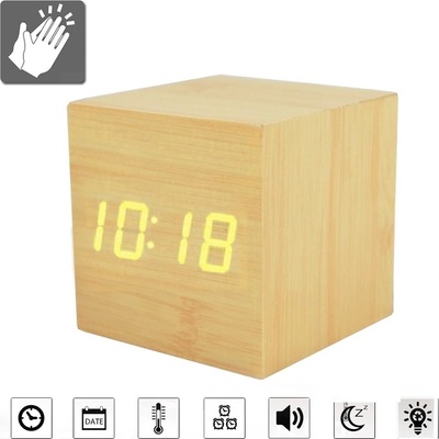 Jenifer CLAP-AlCLOCK-Bamboo-6 Budík drevená kocka s reakciou na tlesknutie, prírodný