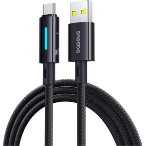 Baseus - Кабел за данни с осветен кабел (P10379002121-01) - USB към Type-C, 100W, бързо зареждане, LED светлина, управление с бутони, 2 м - Космическо черно