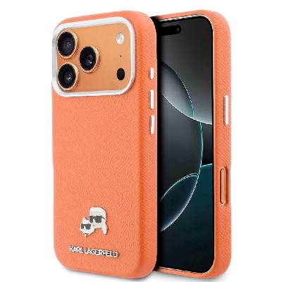 Дизайнерски кожен кейс с MagSafe за iPhone 17 Pro Max - Karl Lagerfeld PU Saffiano Karl and Choupette Heads Pins MagSafe Case (оранжев)