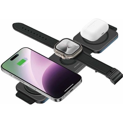 AmazingThing 3-in-1 Explorer Pro Wireless Charging Station 15W - сгъваема тройна поставка (пад) за безжично зареждане за iPhone с MagSafe, Apple Watch, AirPods и Qi съвместими мобилни устройства (чере