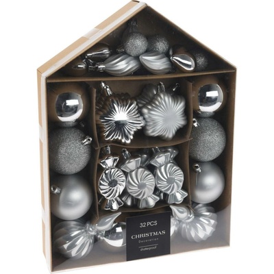 Home Styling Collection Sada ozdobných koulí v různých tvarech, 32 ks, stříbrná stříbrná