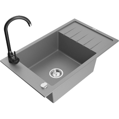 Mexen Elias еднокамерен гранитен кухненски мивка с отцедник и кухня батерия Telma, сив - 6511-71-670200-70 (6511-71-670200-70)