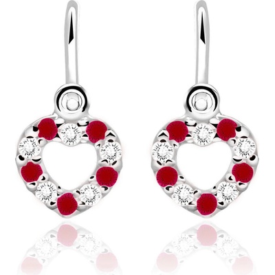 Duppi detské náušnice srdiečka DU 70508 z bieleho zlata s kamienkami rubínovo červenými a bielymi zapínanie brizúra