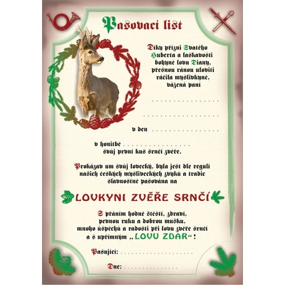 e‑myslivost.cz Pasovací list na lovce zvěře srnčí - pro ženu - Motiv s personalizací
