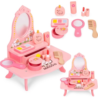 ECOTOYS Dětský dřevěný toaletní stolek se zrcadlem a zásuvkou + 7 doplňků, růžový